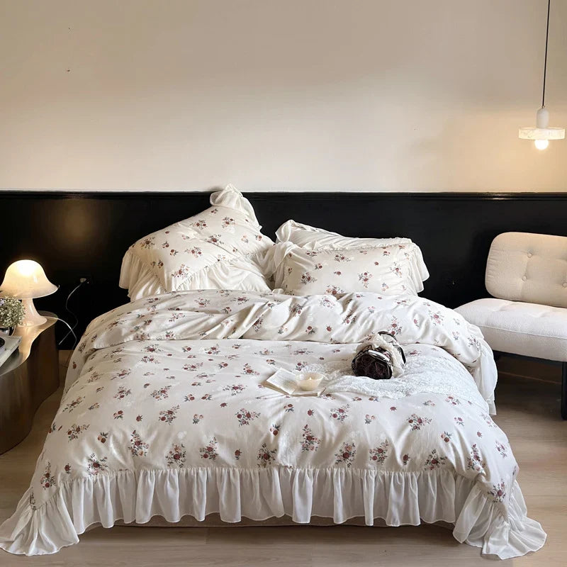 Bedding Set Cotton Percale Vintage Rose Ruffled Hem