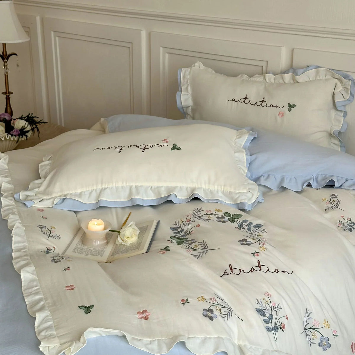 Bedding Set Cotton Ruffled Edges & Floral Embroidery 4-Piece