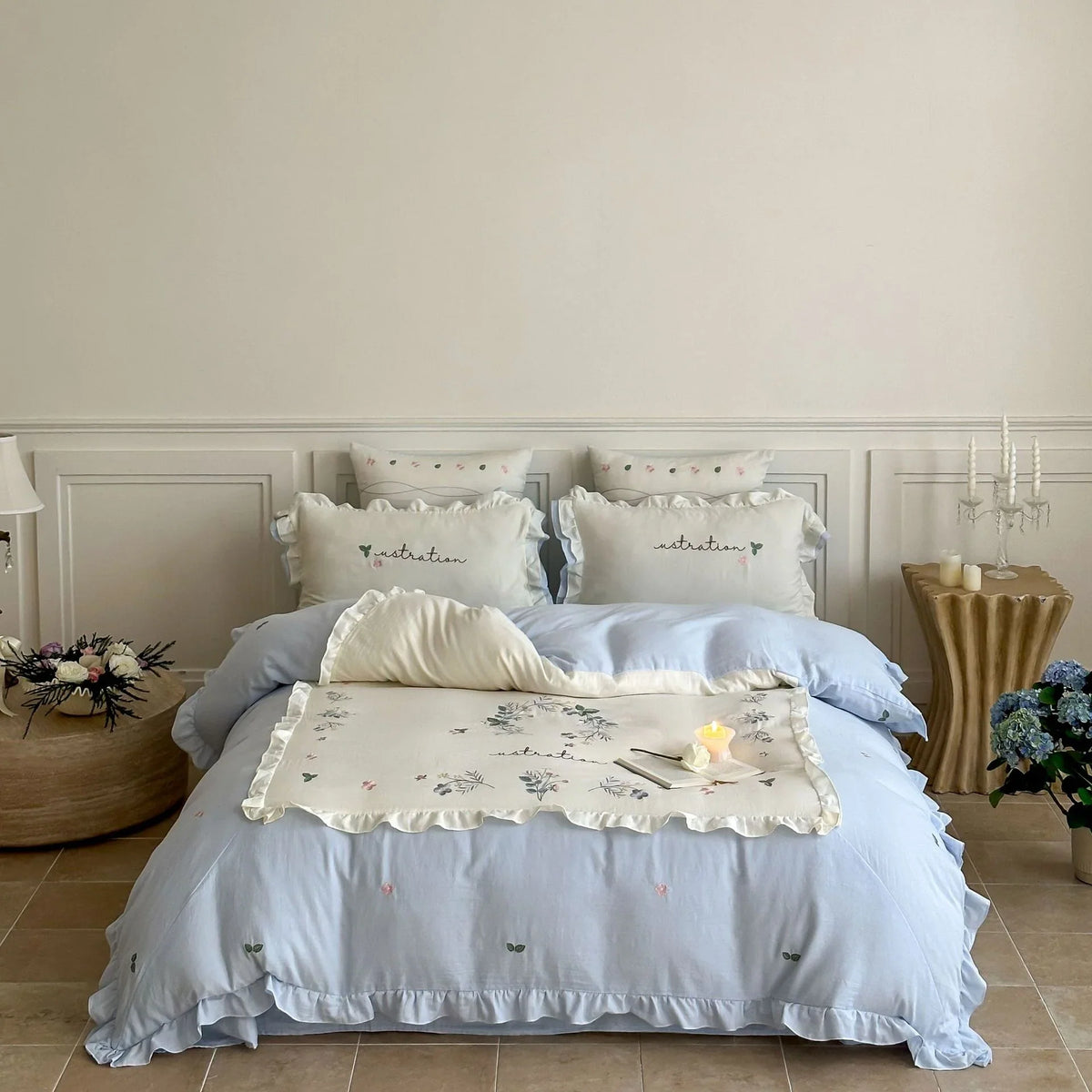 Bedding Set Cotton Ruffled Edges & Floral Embroidery 4-Piece