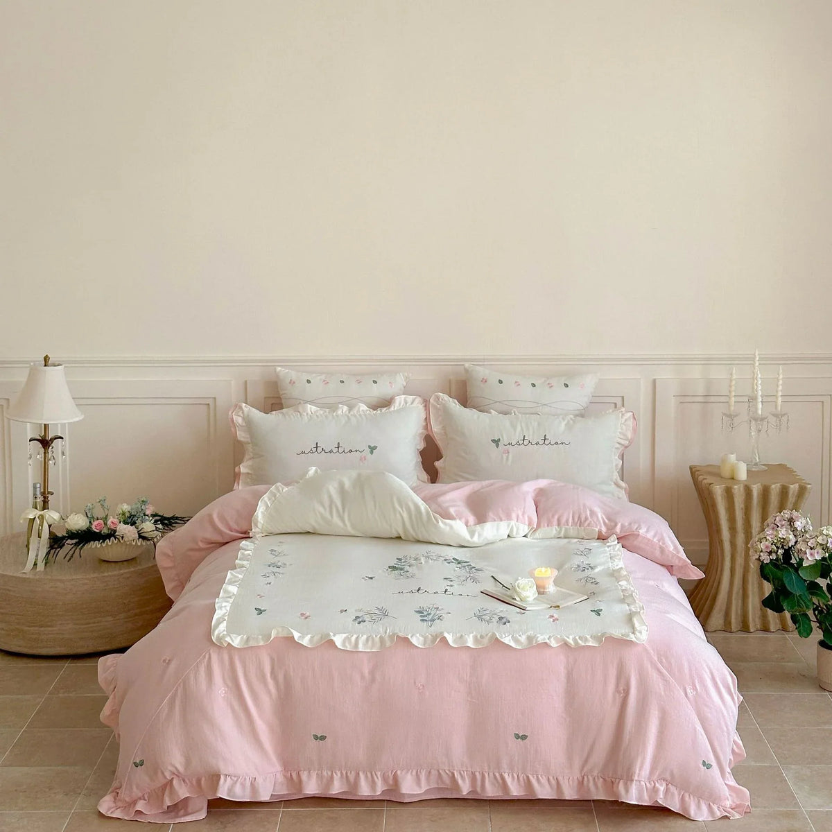Bedding Set Cotton Ruffled Edges & Floral Embroidery 4-Piece