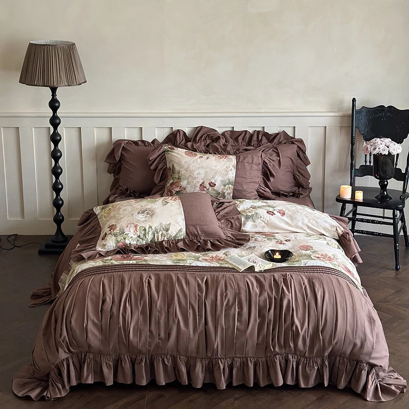 Bedding Set Cotton Sateen Floral Ruffle Trim