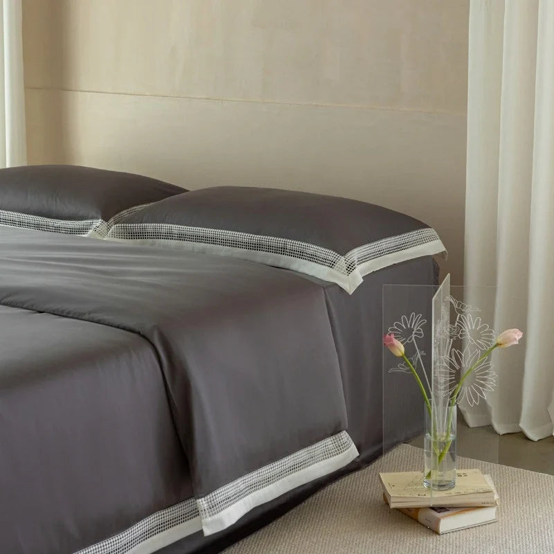 Bedding Set Cotton Satin Ajour Trim Hotel Closure