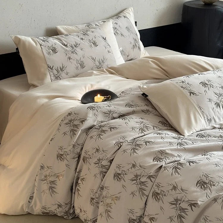 Bedding Set Cotton Satin Bamboo Leaf Print Machine Washable