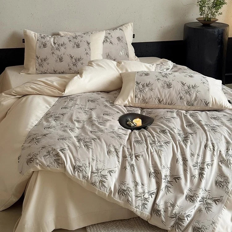 Bedding Set Cotton Satin Bamboo Leaf Print Machine Washable