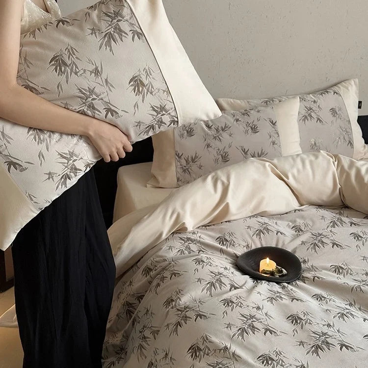 Bedding Set Cotton Satin Bamboo Leaf Print Machine Washable