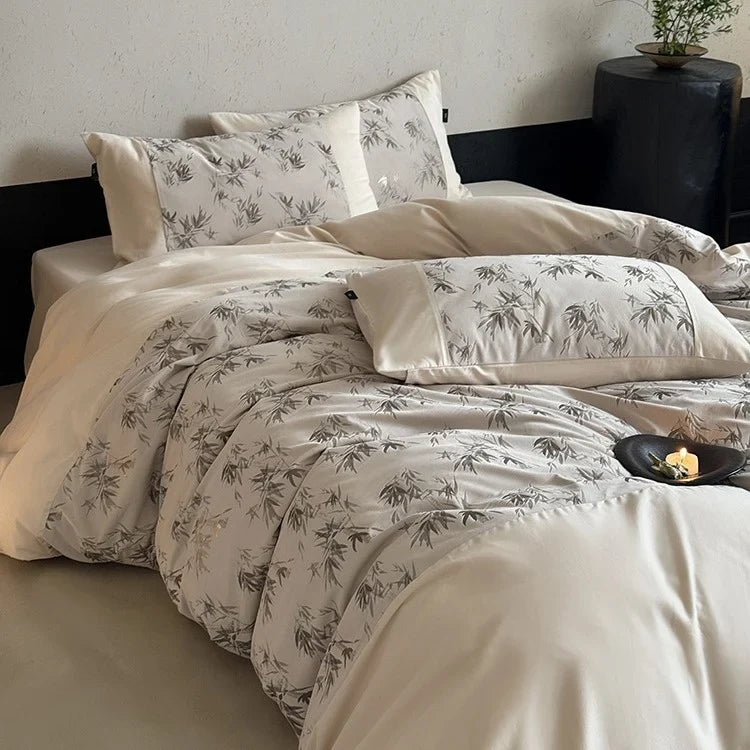 Bedding Set Cotton Satin Bamboo Leaf Print Machine Washable