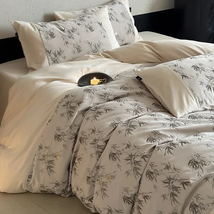Bedding Set Cotton Satin Bamboo Leaf Print Machine Washable