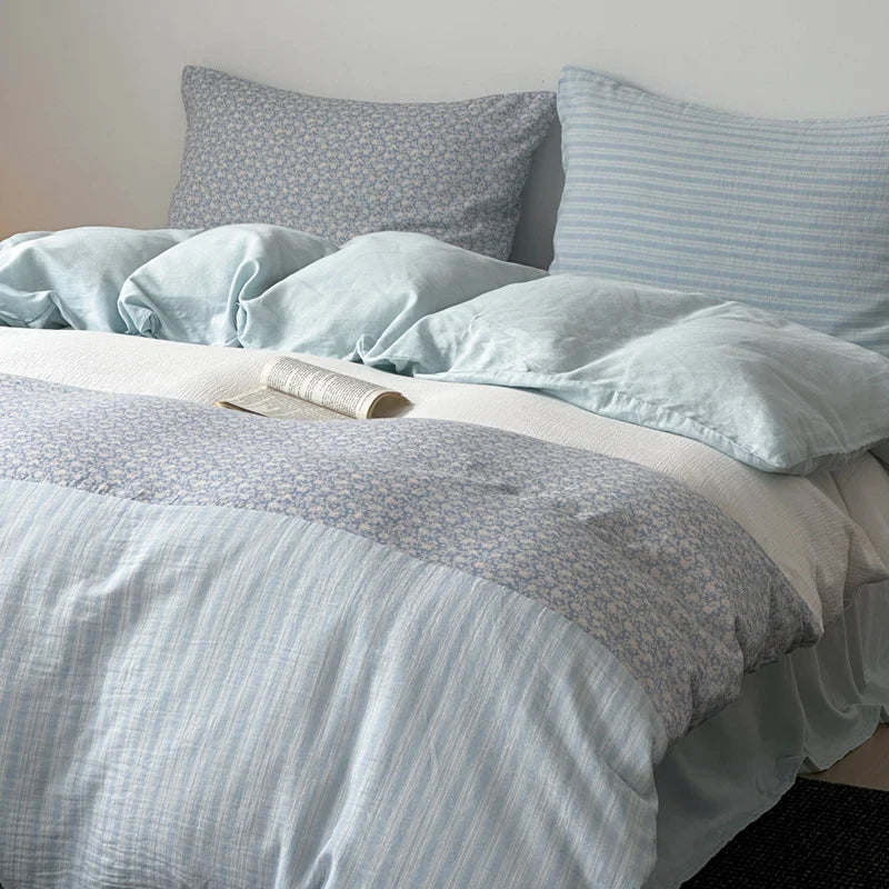Bedding Set Cotton Satin Breathable Striped & Floral Patchwork