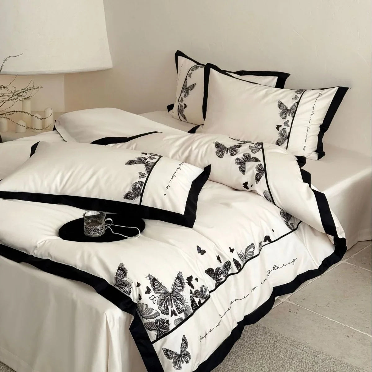 Bedding Set Cotton Satin Butterfly Embroidery Machine Washable