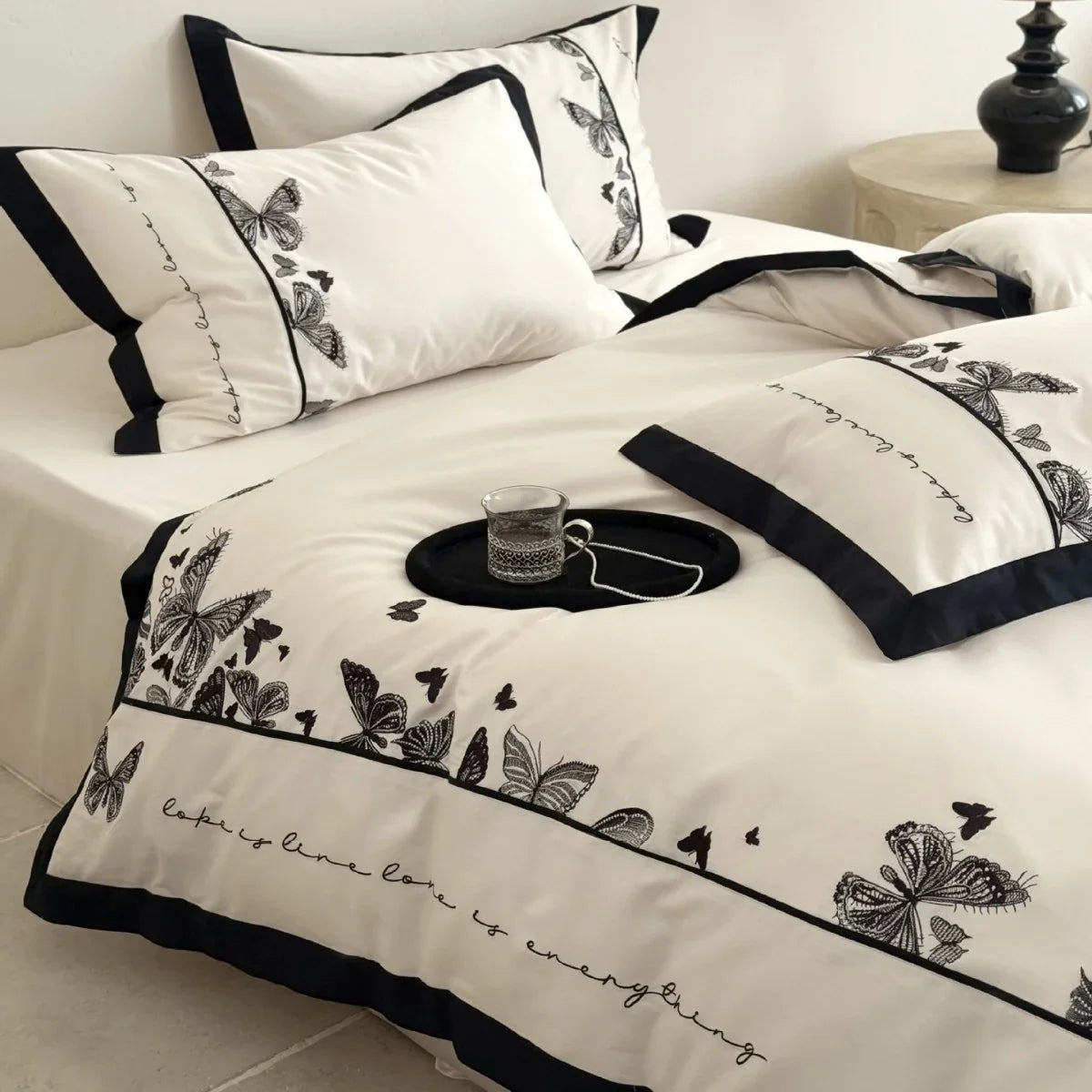 Bedding Set Cotton Satin Butterfly Embroidery Machine Washable