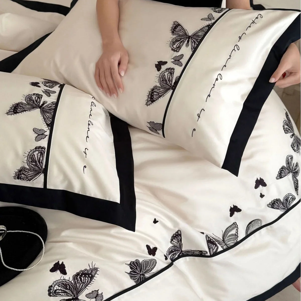 Bedding Set Cotton Satin Butterfly Embroidery Machine Washable