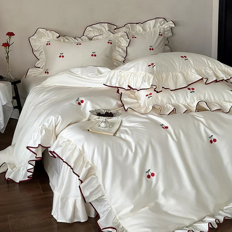 Bedding Set Cotton Satin Cherry Embroidery & Ruffle Edges