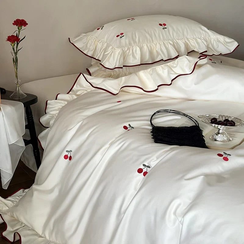 Bedding Set Cotton Satin Cherry Embroidery & Ruffle Edges