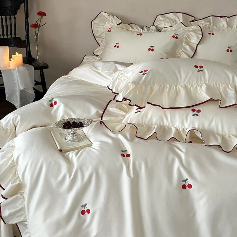 Bedding Set Cotton Satin Cherry Embroidery & Ruffle Edges