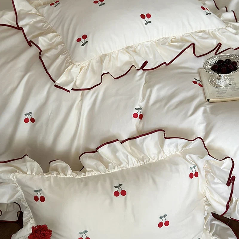 Bedding Set Cotton Satin Cherry Embroidery & Ruffle Edges