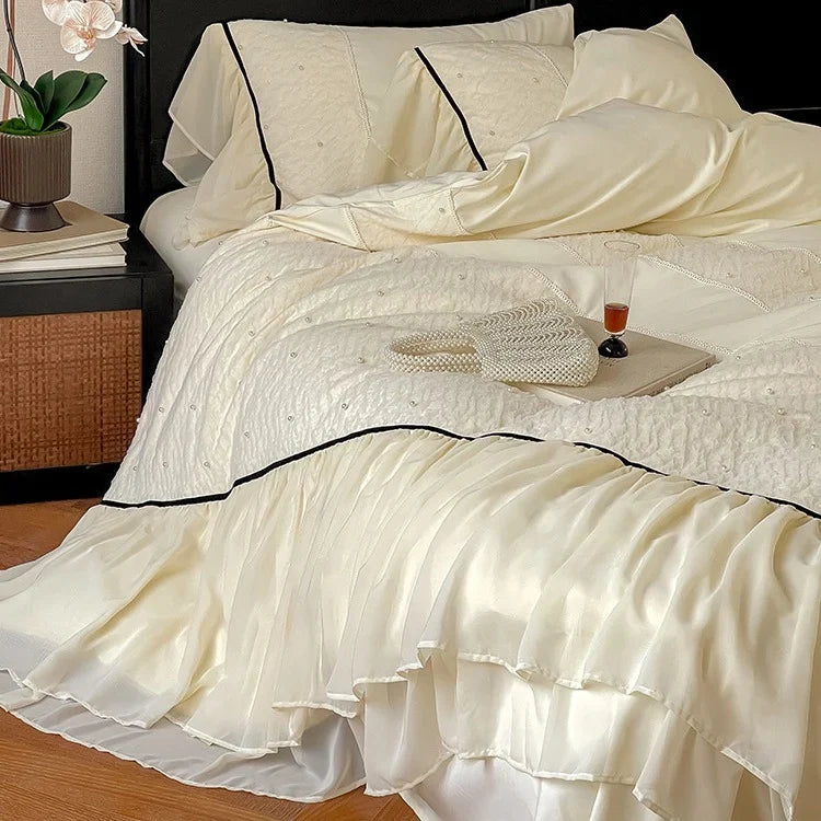 Bedding Set Cotton Satin & Chiffon Ruffles Contrast Piping