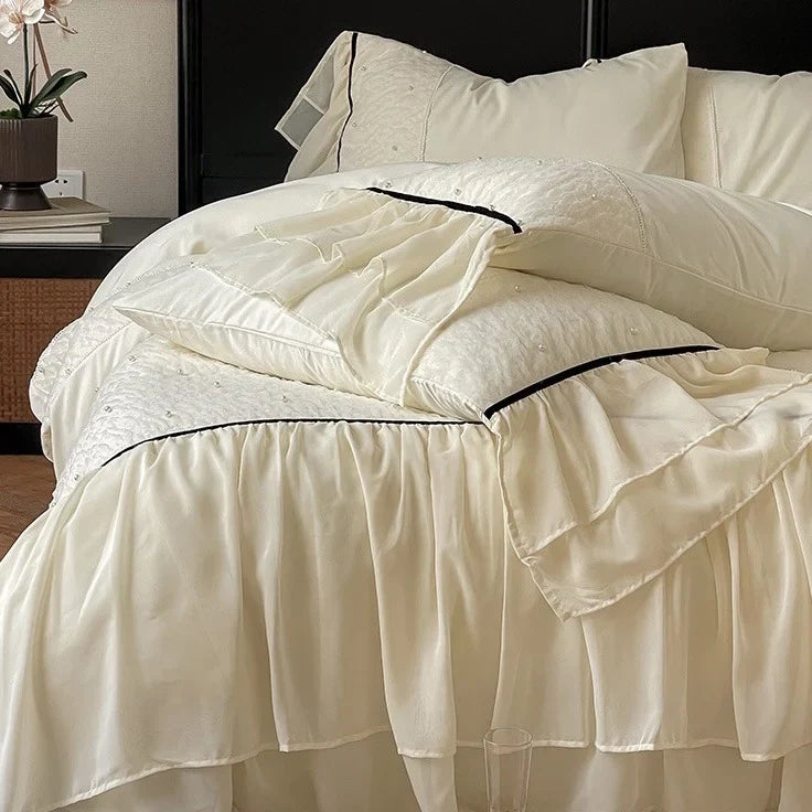 Bedding Set Cotton Satin & Chiffon Ruffles Contrast Piping