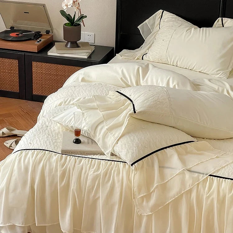 Bedding Set Cotton Satin & Chiffon Ruffles Contrast Piping