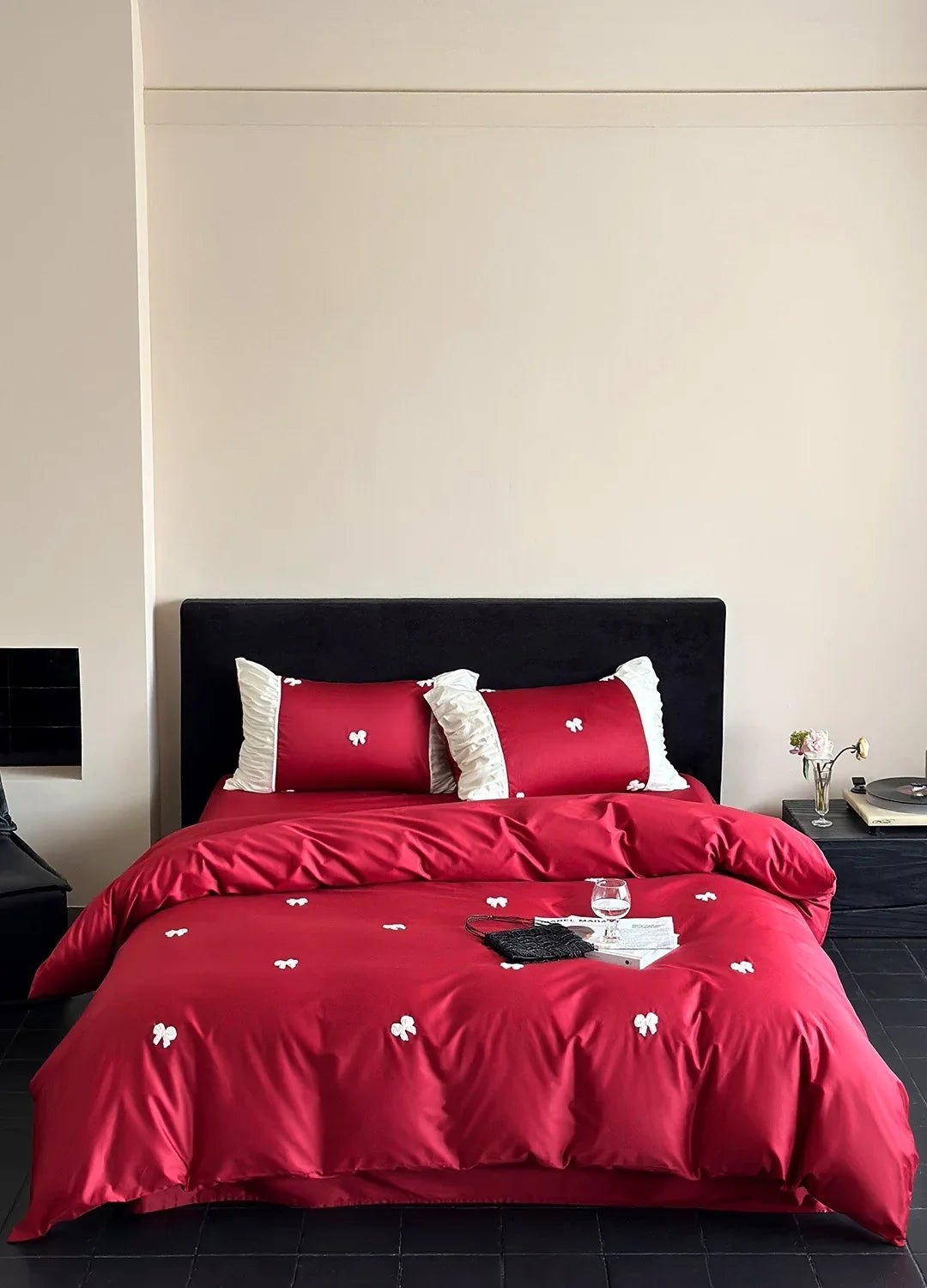 Bedding Set Cotton Satin Embroidered Bows & Ruffles