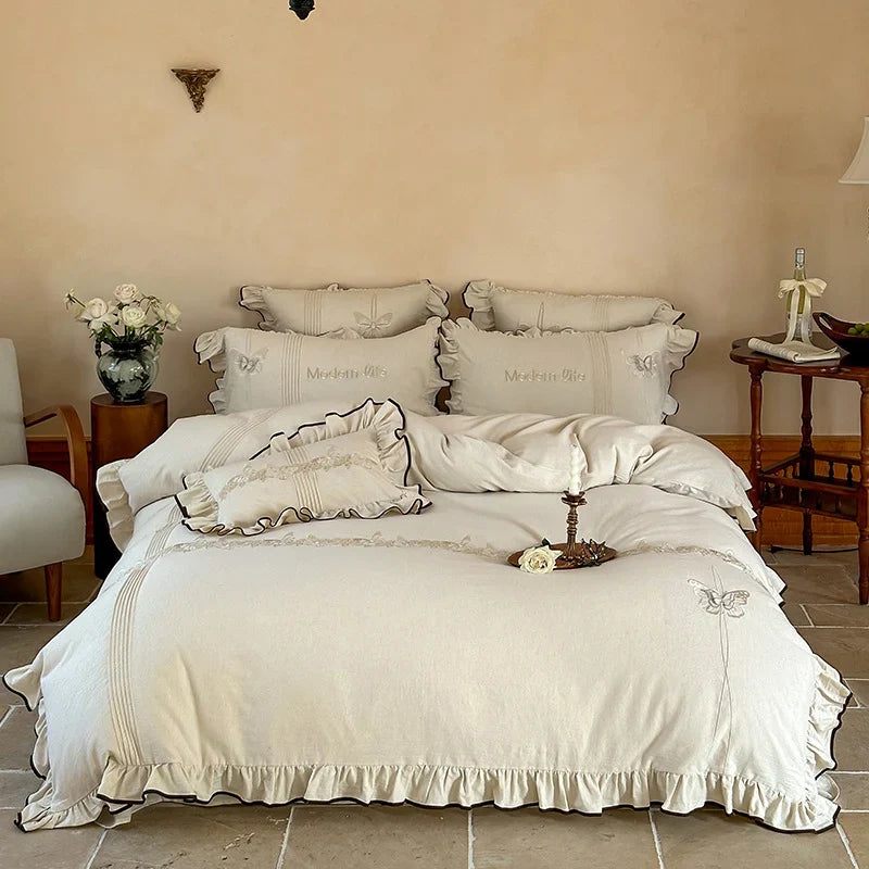 Bedding Set Cotton Satin Embroidered Butterfly Concealed Zipper