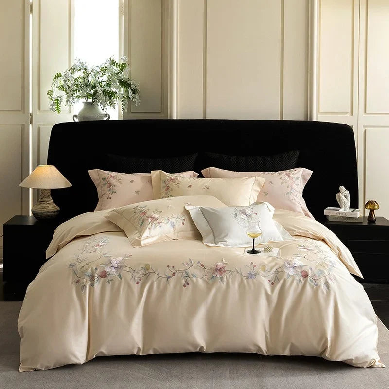 Bedding Set Cotton Satin Embroidered Contrast Piping