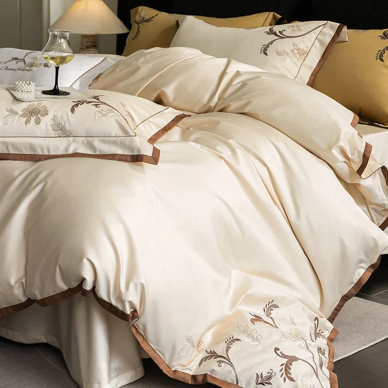 Bedding Set Cotton Satin Embroidered Contrast Piping