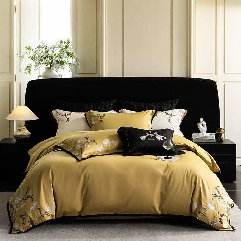 Bedding Set Cotton Satin Embroidered Contrast Piping