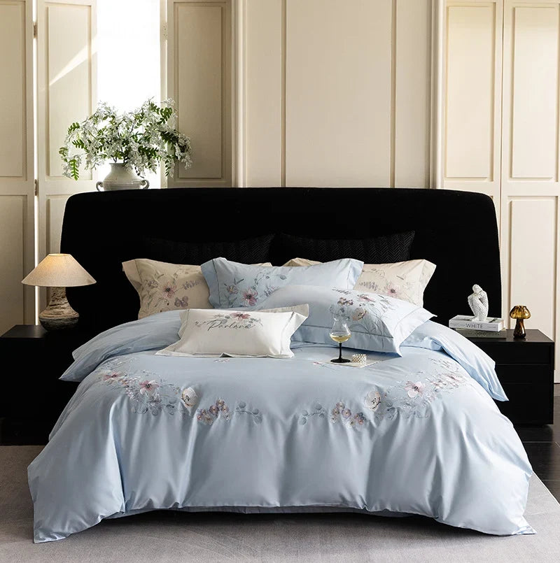 Bedding Set Cotton Satin Embroidered Contrast Piping