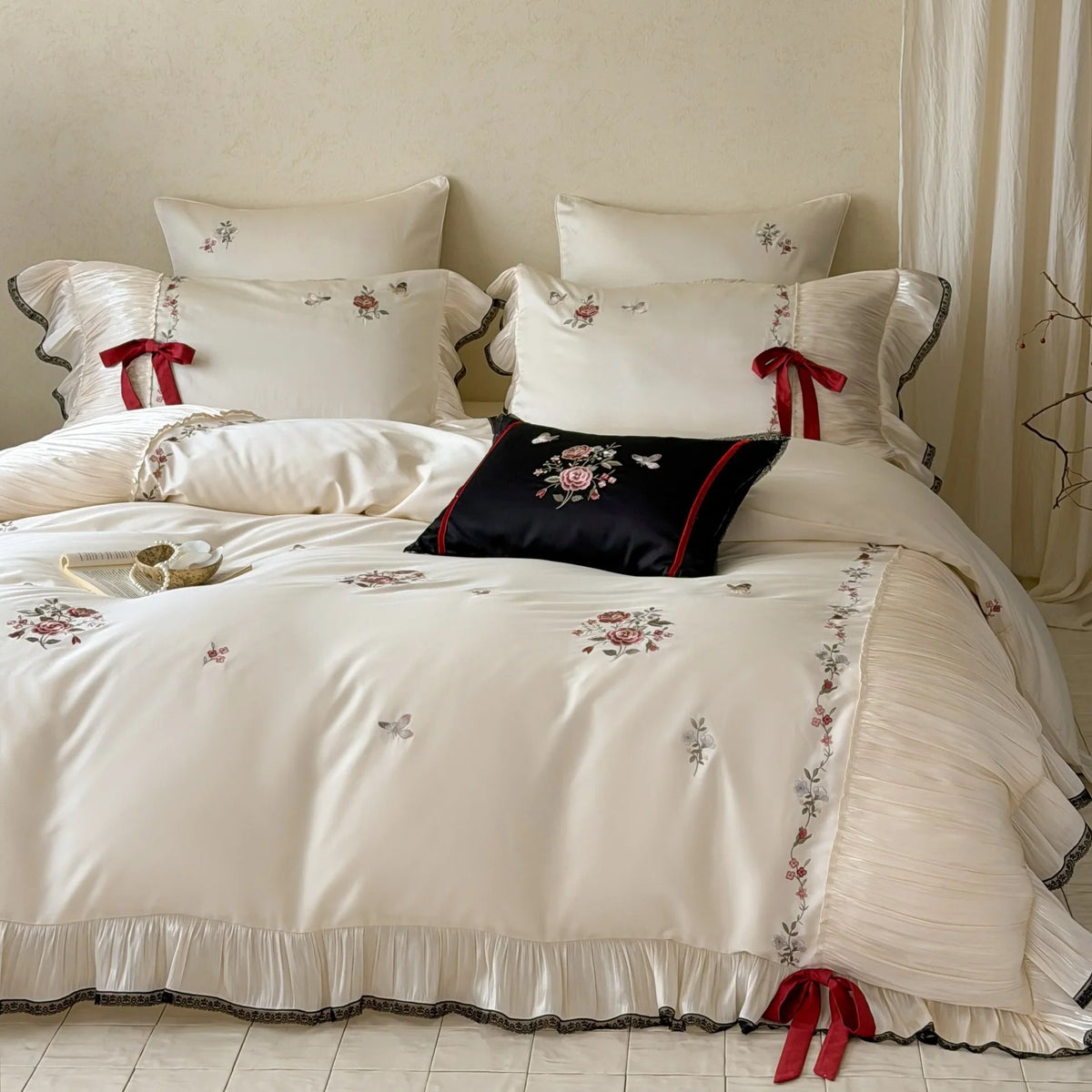Bedding Set Cotton Satin Embroidered Floral 4-Piece