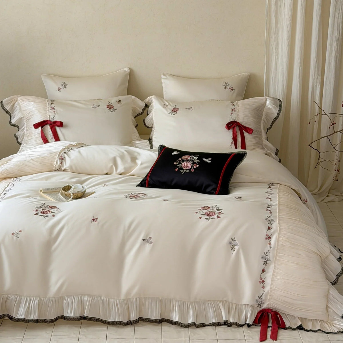 Bedding Set Cotton Satin Embroidered Floral 4-Piece