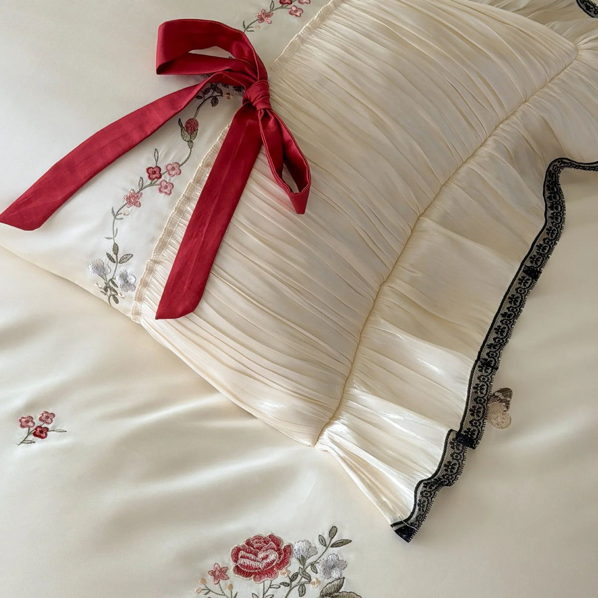 Bedding Set Cotton Satin Embroidered Floral 4-Piece