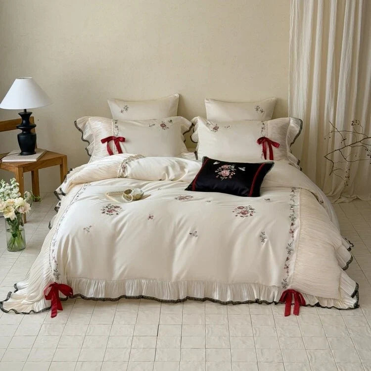 Bedding Set Cotton Satin Embroidered Floral 4-Piece