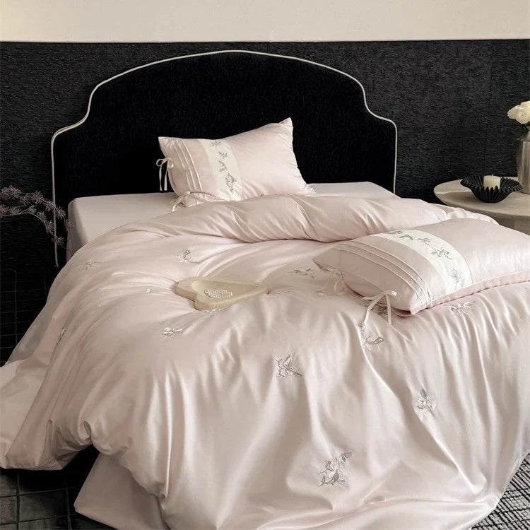 Bedding Set Cotton Satin Embroidered Floral Breathable