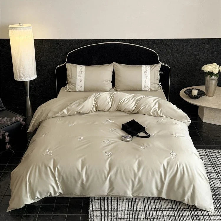 Bedding Set Cotton Satin Embroidered Floral Breathable