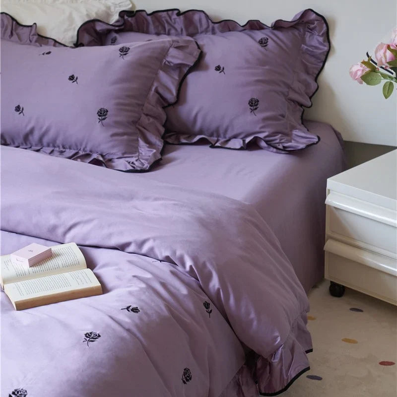Bedding Set Cotton Satin Embroidered Rose Ruffle Trim