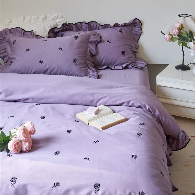 Bedding Set Cotton Satin Embroidered Rose Ruffle Trim