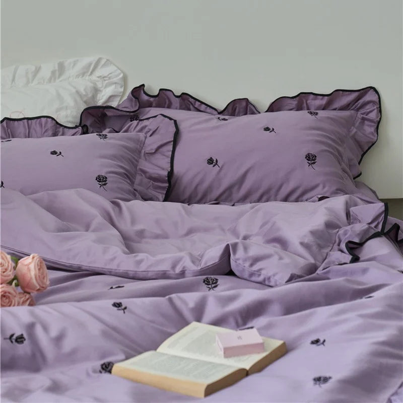 Bedding Set Cotton Satin Embroidered Rose Ruffle Trim