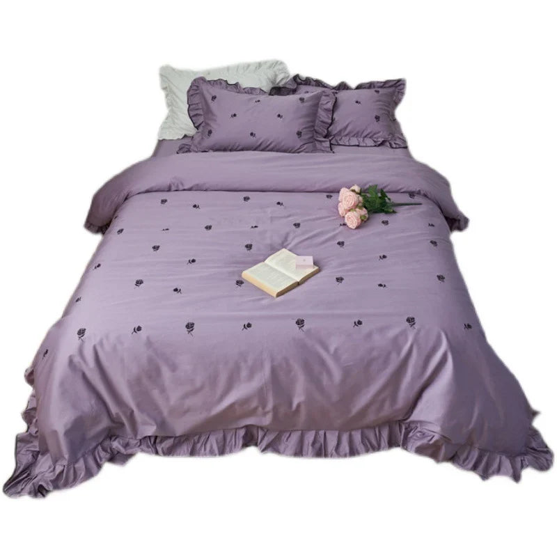Bedding Set Cotton Satin Embroidered Rose Ruffle Trim