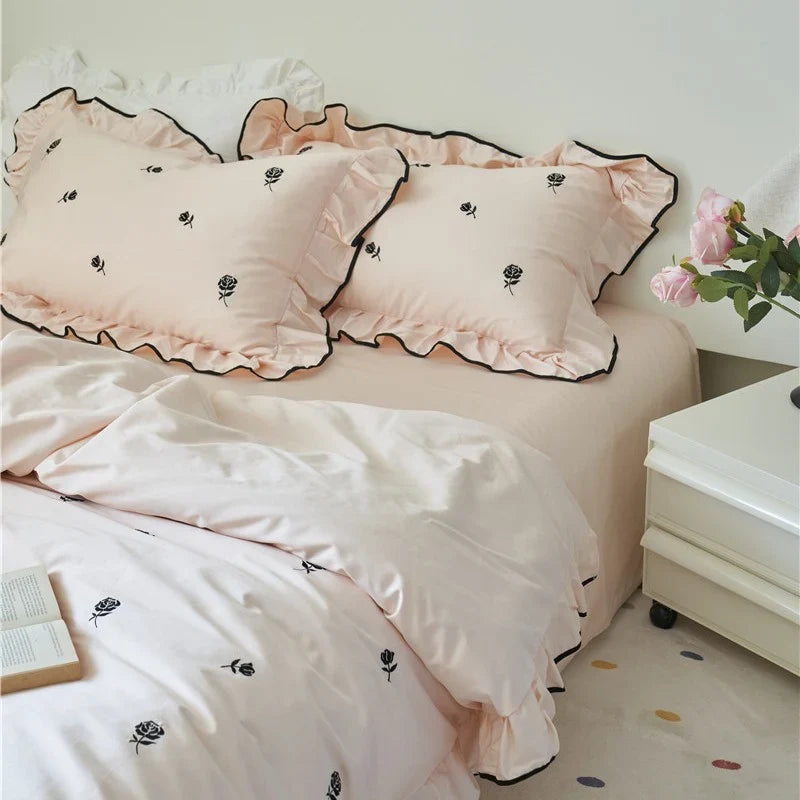 Bedding Set Cotton Satin Embroidered Rose Ruffle Trim