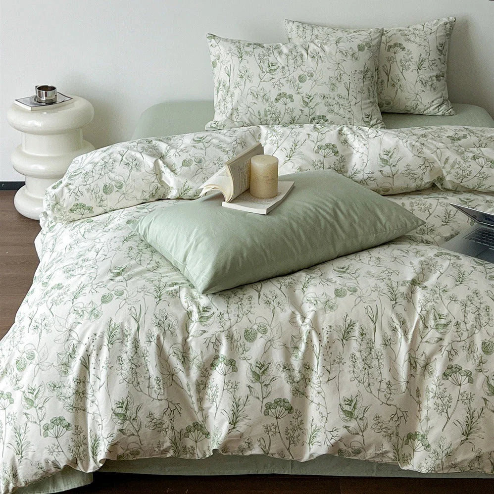 Bedding Set Cotton Satin Fine Botanical Sketch 4-Piece