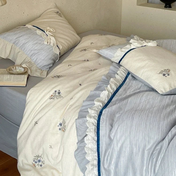 Bedding Set Cotton Satin Floral Embroidered & Ruffled