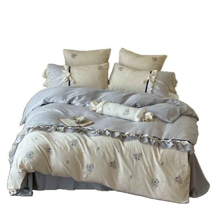 Bedding Set Cotton Satin Floral Embroidered & Ruffled