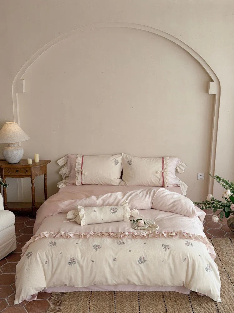 Bedding Set Cotton Satin Floral Embroidered & Ruffled