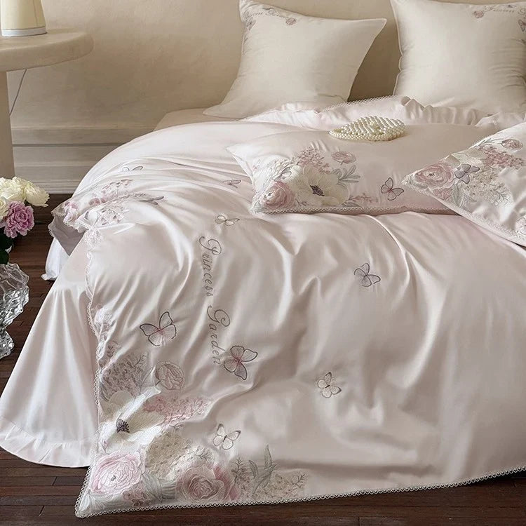 Bedding Set Cotton Satin Floral Embroidery & Lace 4-Piece