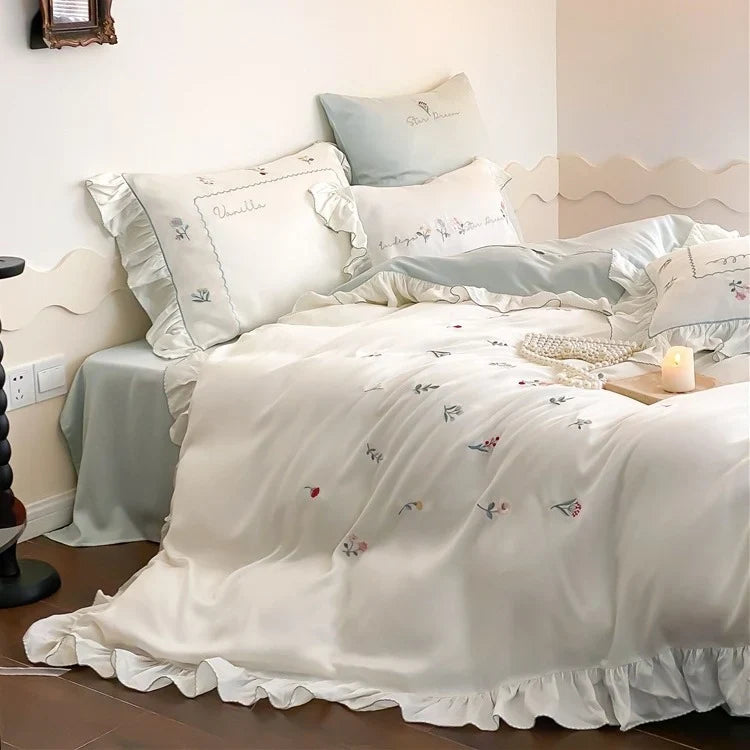 Bedding Set Cotton Satin Floral Embroidery & Ruffle Trim