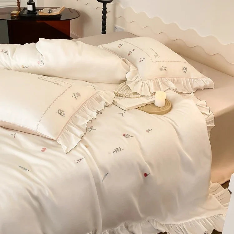 Bedding Set Cotton Satin Floral Embroidery & Ruffle Trim
