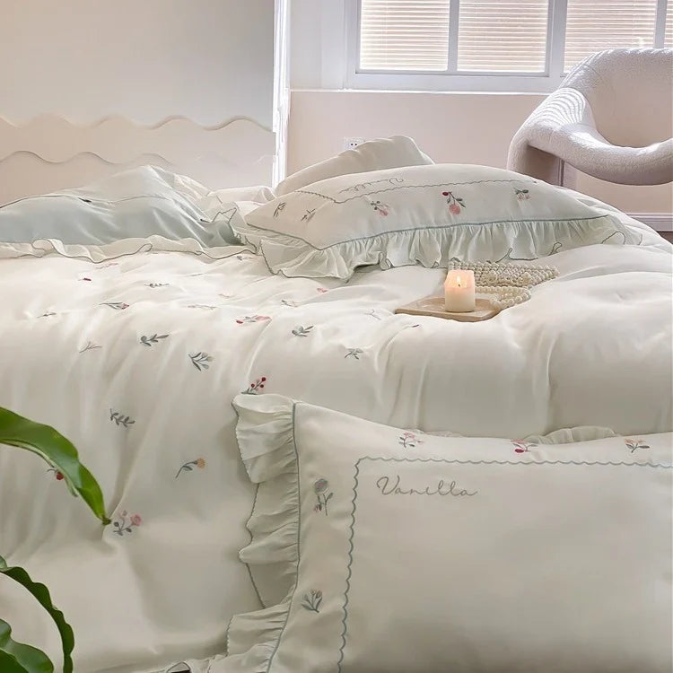 Bedding Set Cotton Satin Floral Embroidery & Ruffle Trim