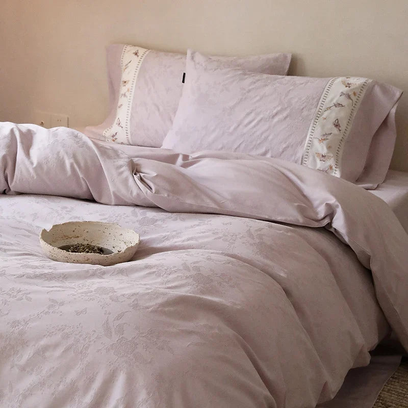 Bedding Set Cotton Satin Floral Jacquard Embroidered Edges