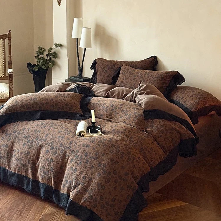 Bedding Set Cotton Satin Floral Lace 4-Piece