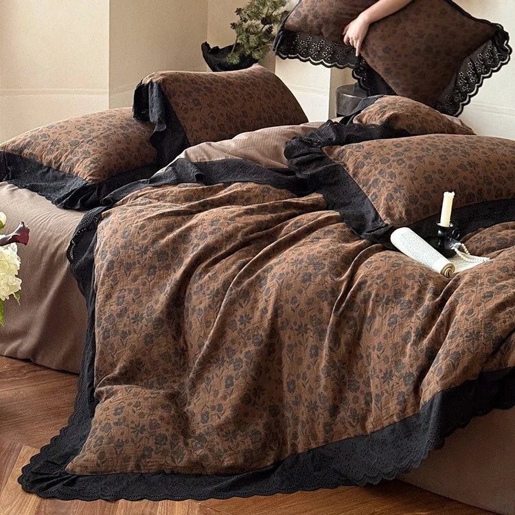 Bedding Set Cotton Satin Floral Lace 4-Piece